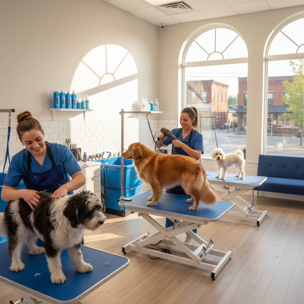 Professional pet grooming station with happy dog being groomed - Pirate Puppies Grooming Salon, pet grooming service in Belleville, ON